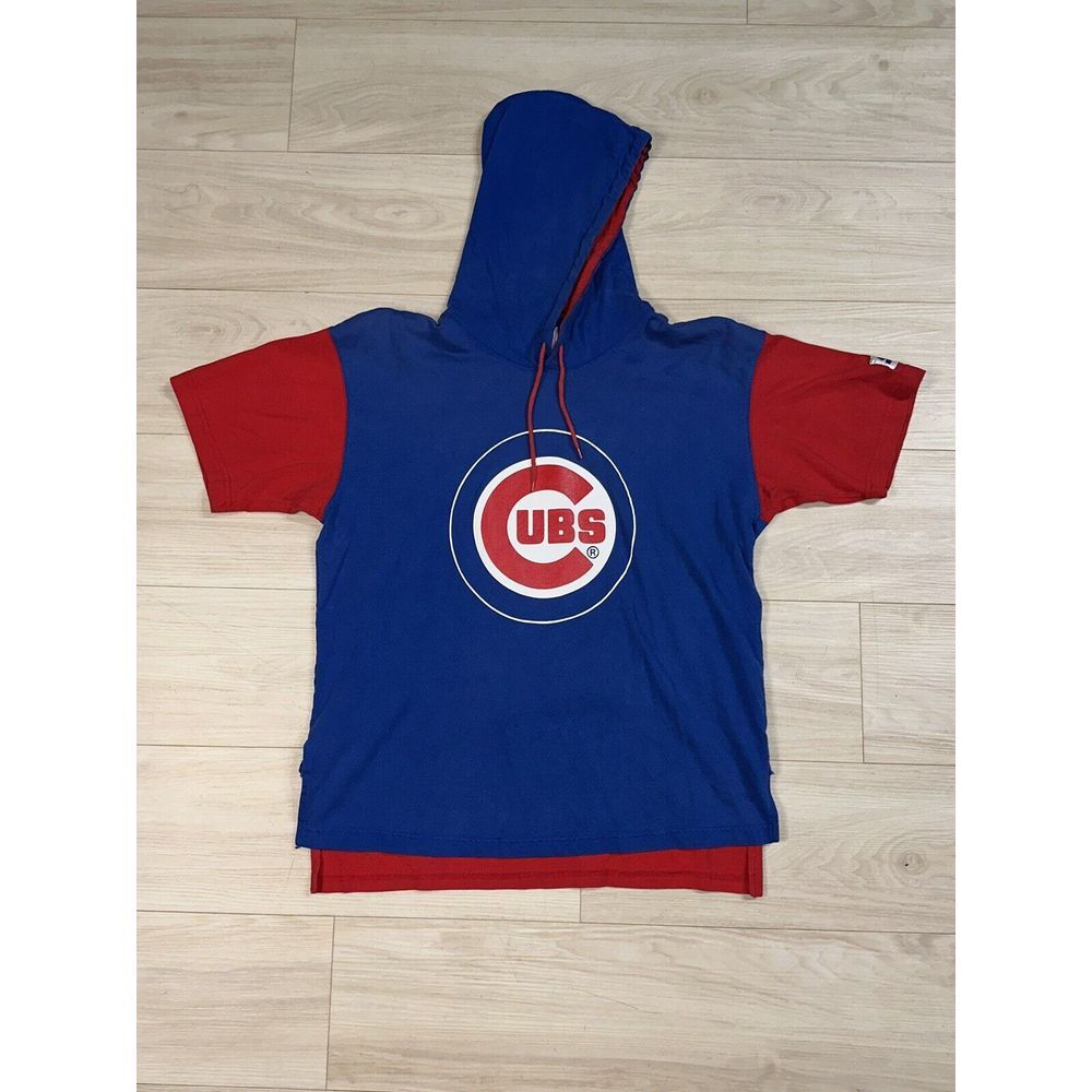 Vintage 90s Chicago CUBS Starter Shirt Mens L Blue Hooded Short Sleeve T-Shirt